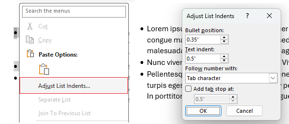 Adjust lists indents options in Word